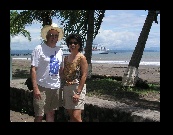 Jim and Angie on the Puntarenas, Costa Rica beach with our ship, the ''Norwegian Dream'', in the background